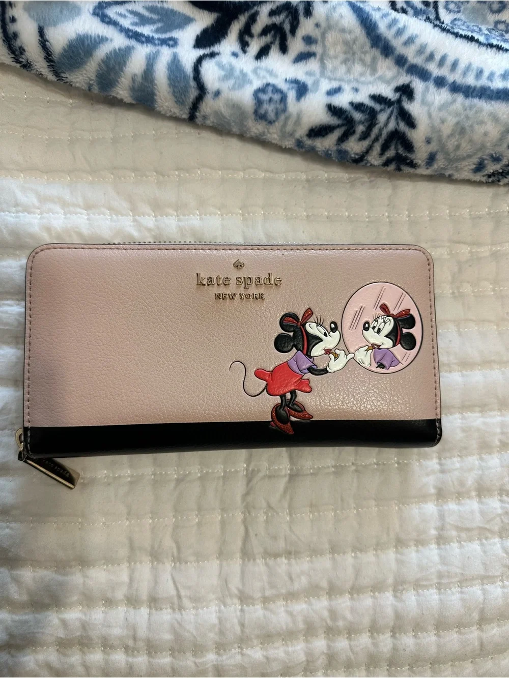 kate spade pink and black Minnie Mouse zip around wallet